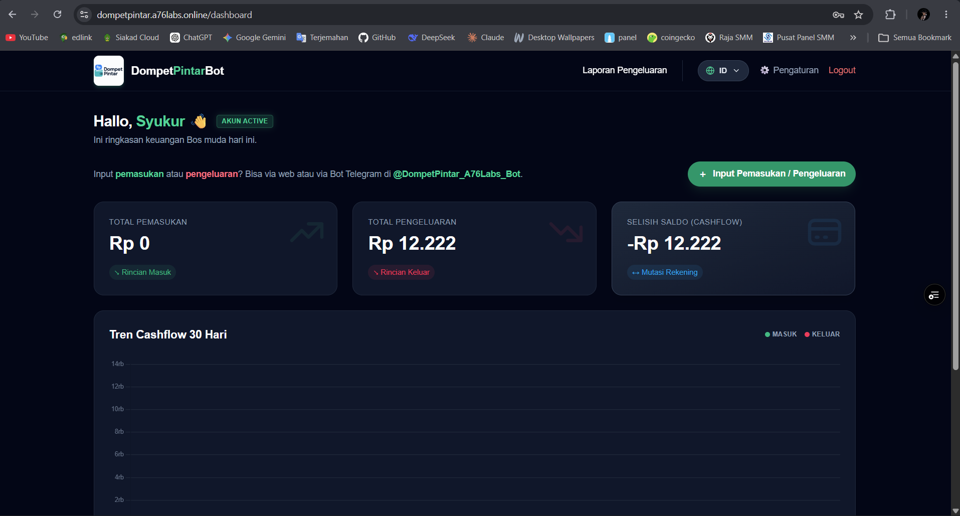Dashboard MoneyBot yang menampilkan saldo dan grafik arus kas