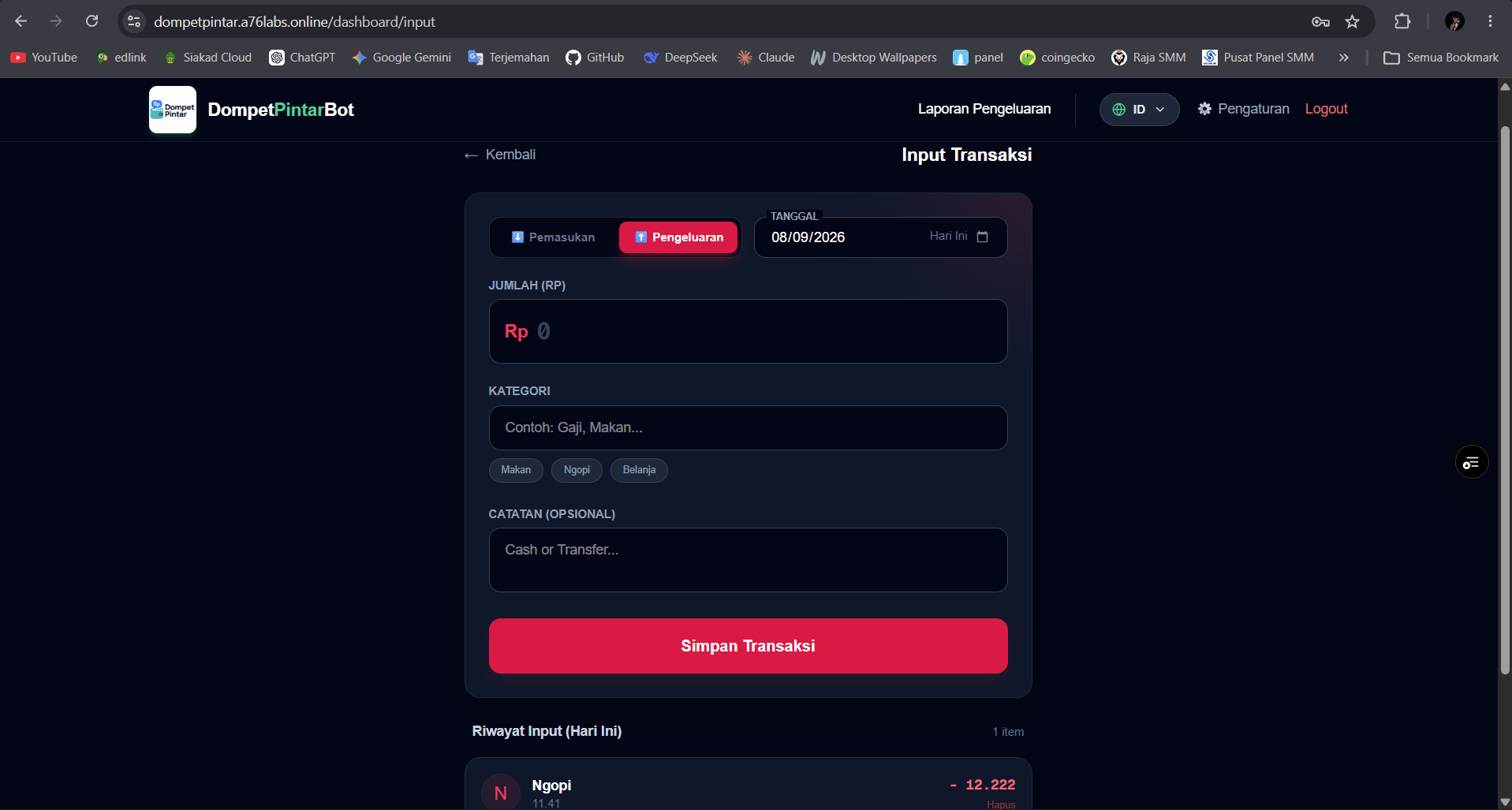 Form input dan riwayat transaksi pada MoneyBot