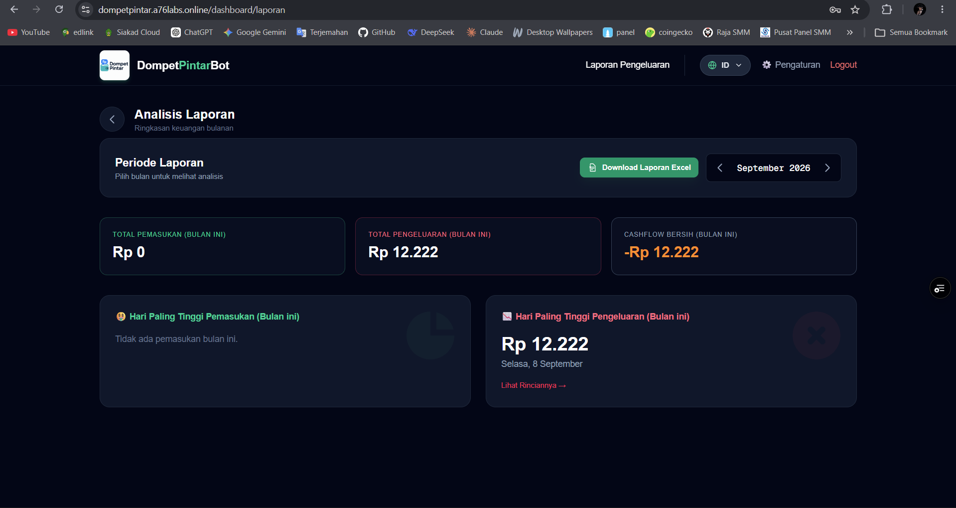 Halaman laporan transaksi dan ekspor Excel MoneyBot
