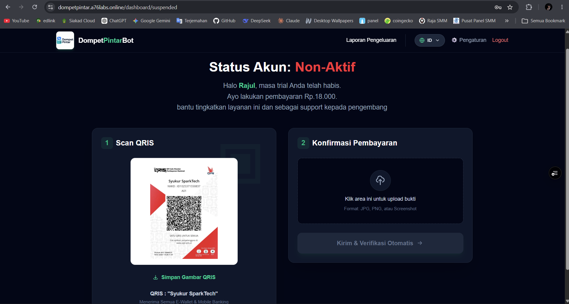 Halaman aktivasi akun dan pembayaran MoneyBot dengan data pembayaran disamarkan