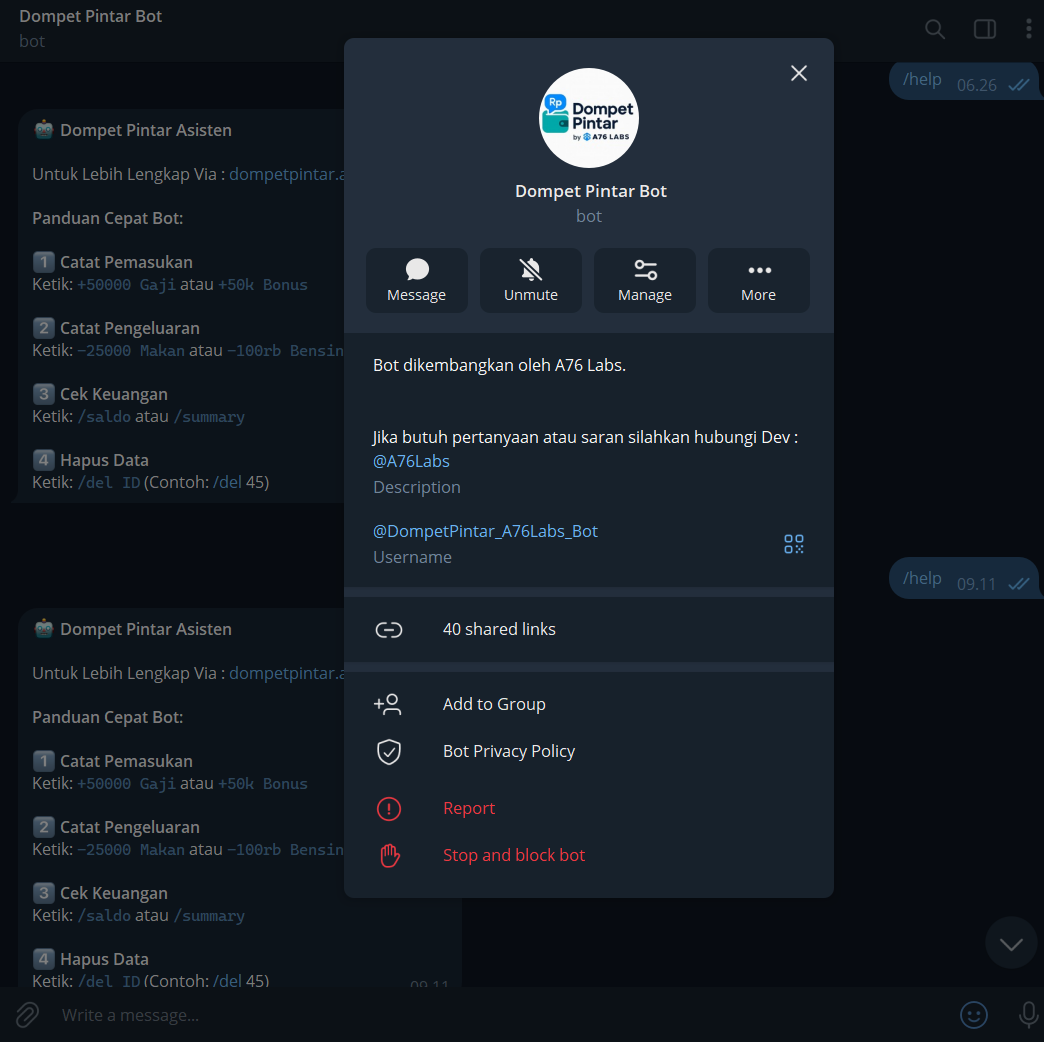 Percakapan dengan bot Telegram MoneyBot untuk mengelola transaksi