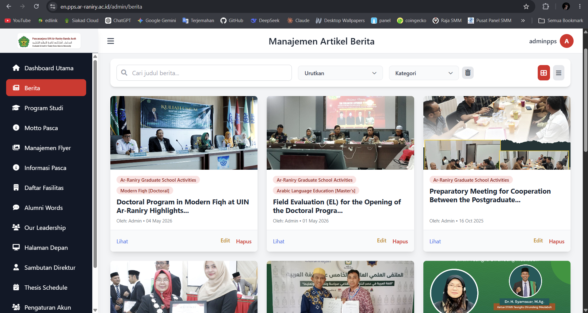 Halaman CRUD berita pada panel administrasi