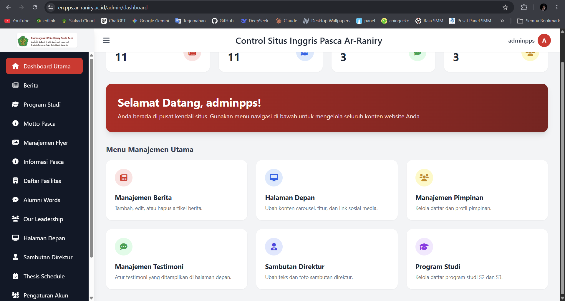 Dashboard panel administrasi sistem