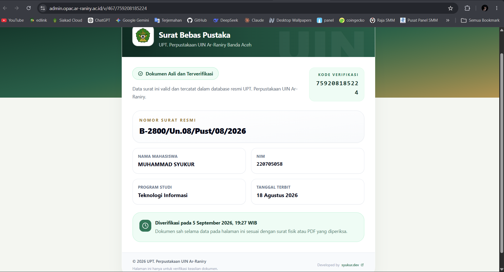 Halaman verifikasi surat bebas pustaka melalui QR